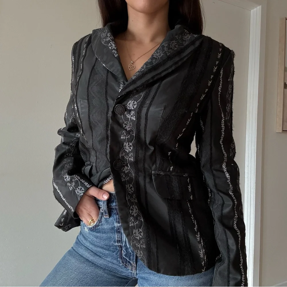Vintage Gothic Whimsigoth Black Satin Blazer with Silver Embroidery - Picture 2 of 9